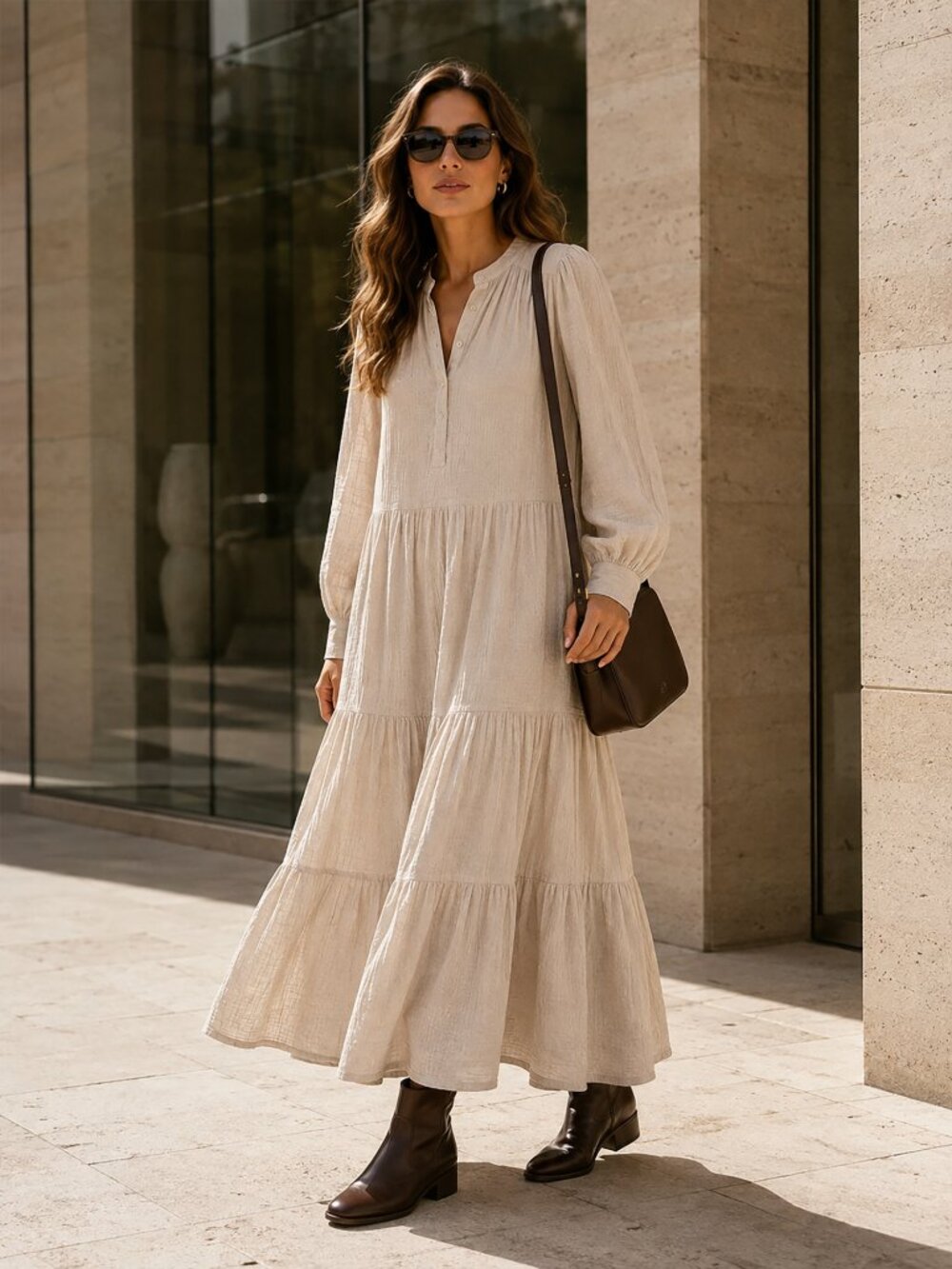 Heidi Merrick California Gauze Tiered Maxi Dress Oversized Beige Boho S